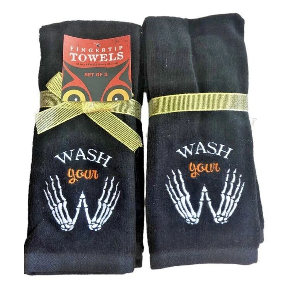 Halloween Fingertip Towels Embroidered Black Wash Your Skeleton Hands Set of 2